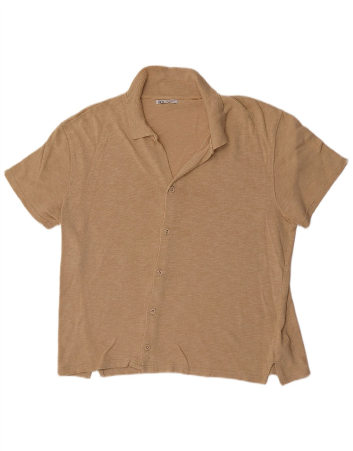 Zara Camisa masculina de manga curta bege médio algodão manchado
