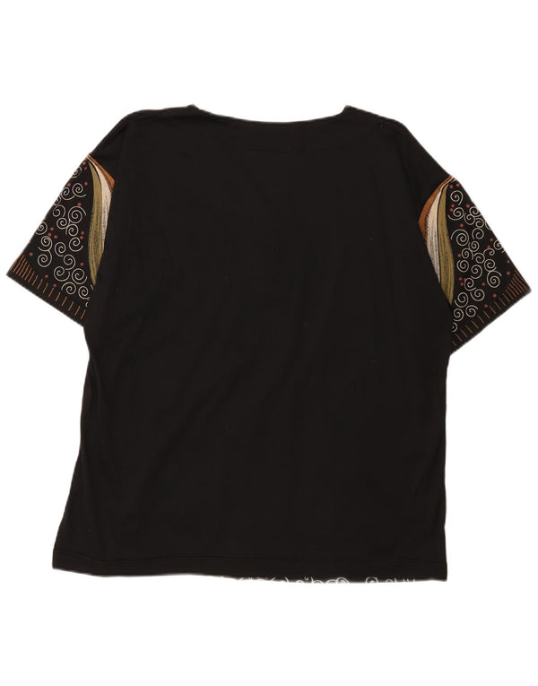 Camiseta feminina vintage com padrão abstrato gráfico top UK 16 grande preta