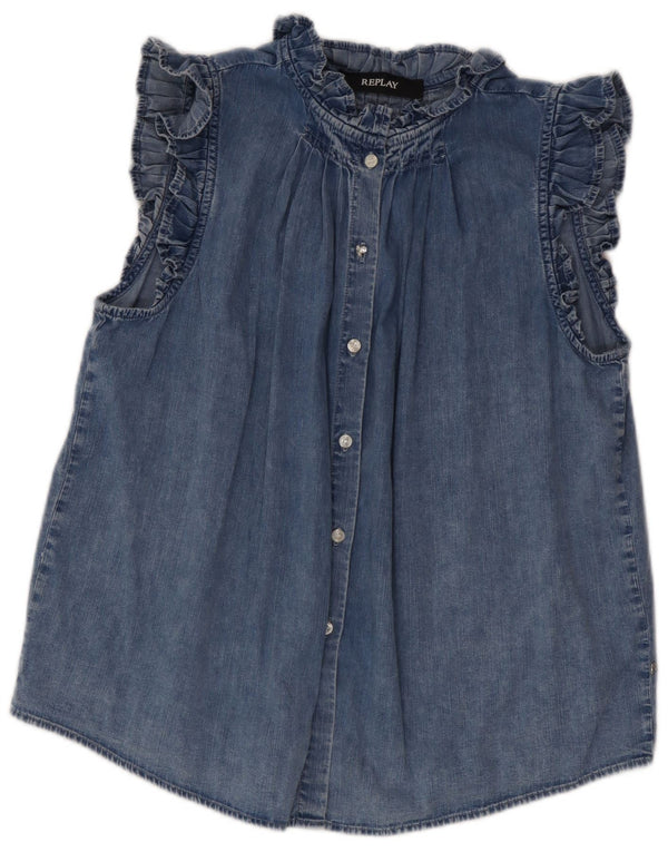 Blusa feminina Replay manga curta jeans Reino Unido 14 algodão azul médio