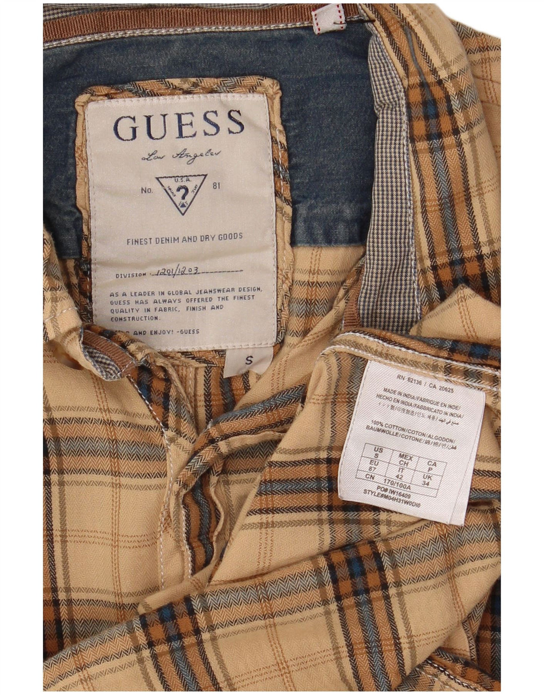 Camisa masculina de flanela Guess pequena algodão xadrez bege