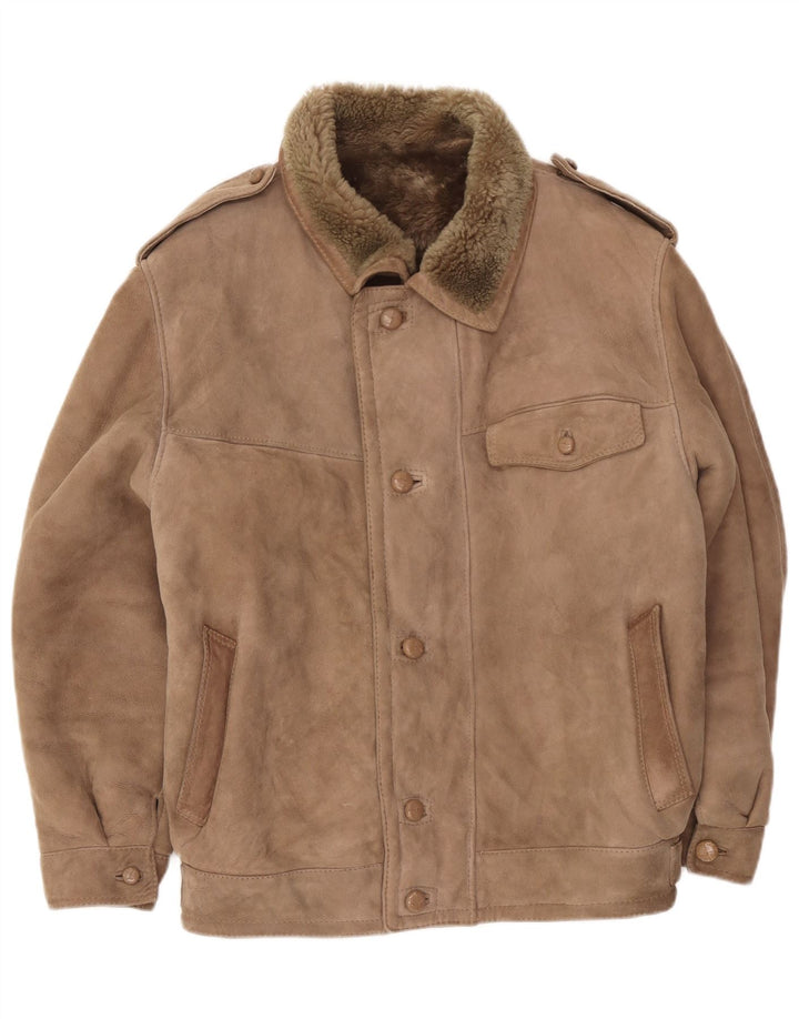 Jaqueta militar masculina vintage de shearling IT 52 XL bege