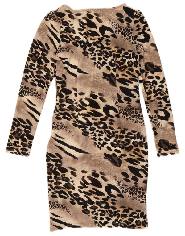 Vestido feminino vintage manga comprida com bainha UK 12 marrom médio estampa animal