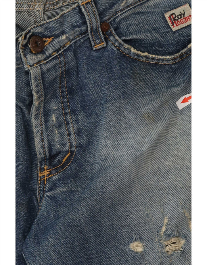 Calça jeans feminina Roy Rogers desgastada com bootcut W34 L32 algodão azul