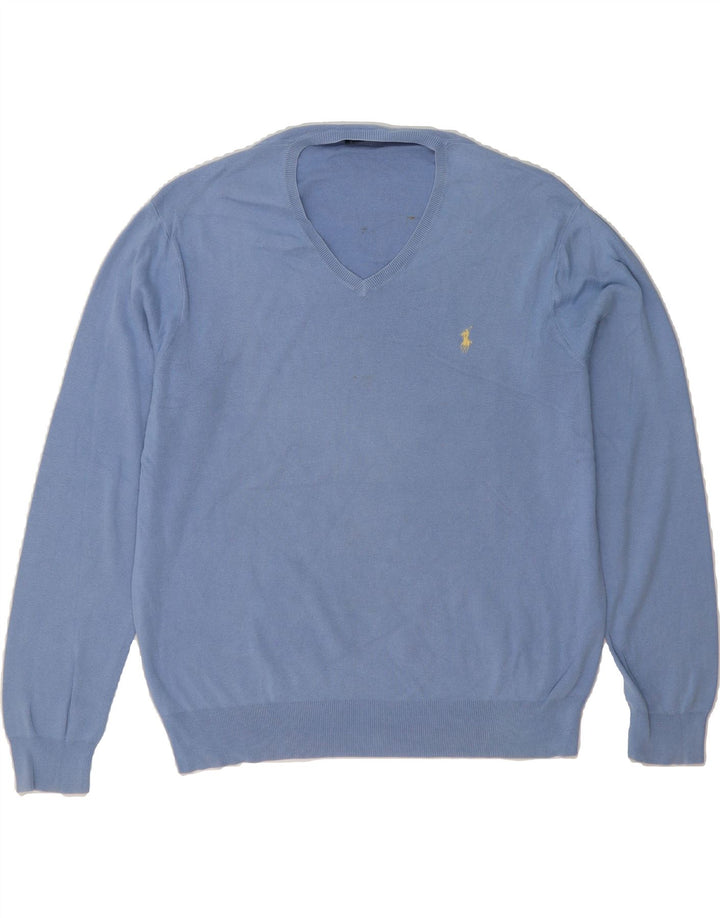 POLO RALPH LAUREN Mens V-Neck Jumper Sweater XL Blue Cotton Vintage Polo Ralph Lauren and Second-Hand Polo Ralph Lauren from Messina Hembry 