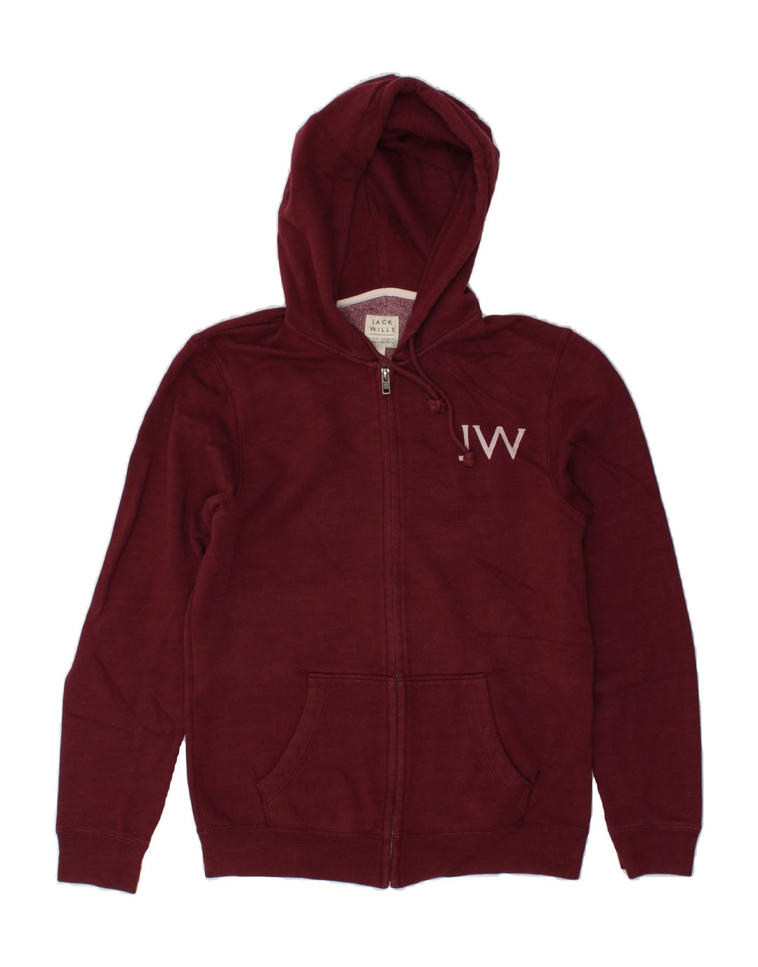 JACK WILLS Mens Graphic Zip Hoodie Sweater Small Burgundy Cotton Vintage Jack Wills and Second-Hand Jack Wills from Messina Hembry 