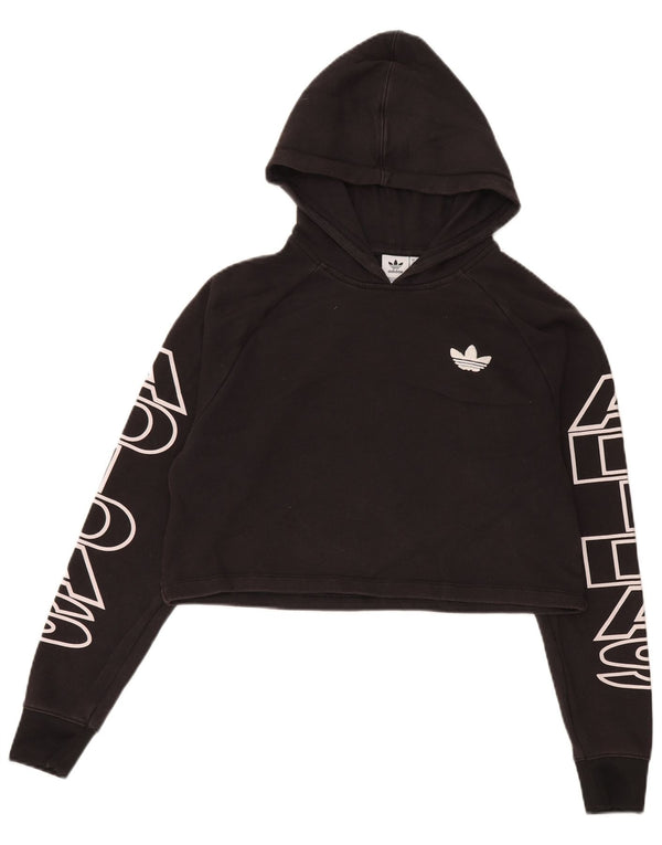Adidas Womens Crop Graphic Oversized Hoodie Jumper UK 6 XS Algodão Preto