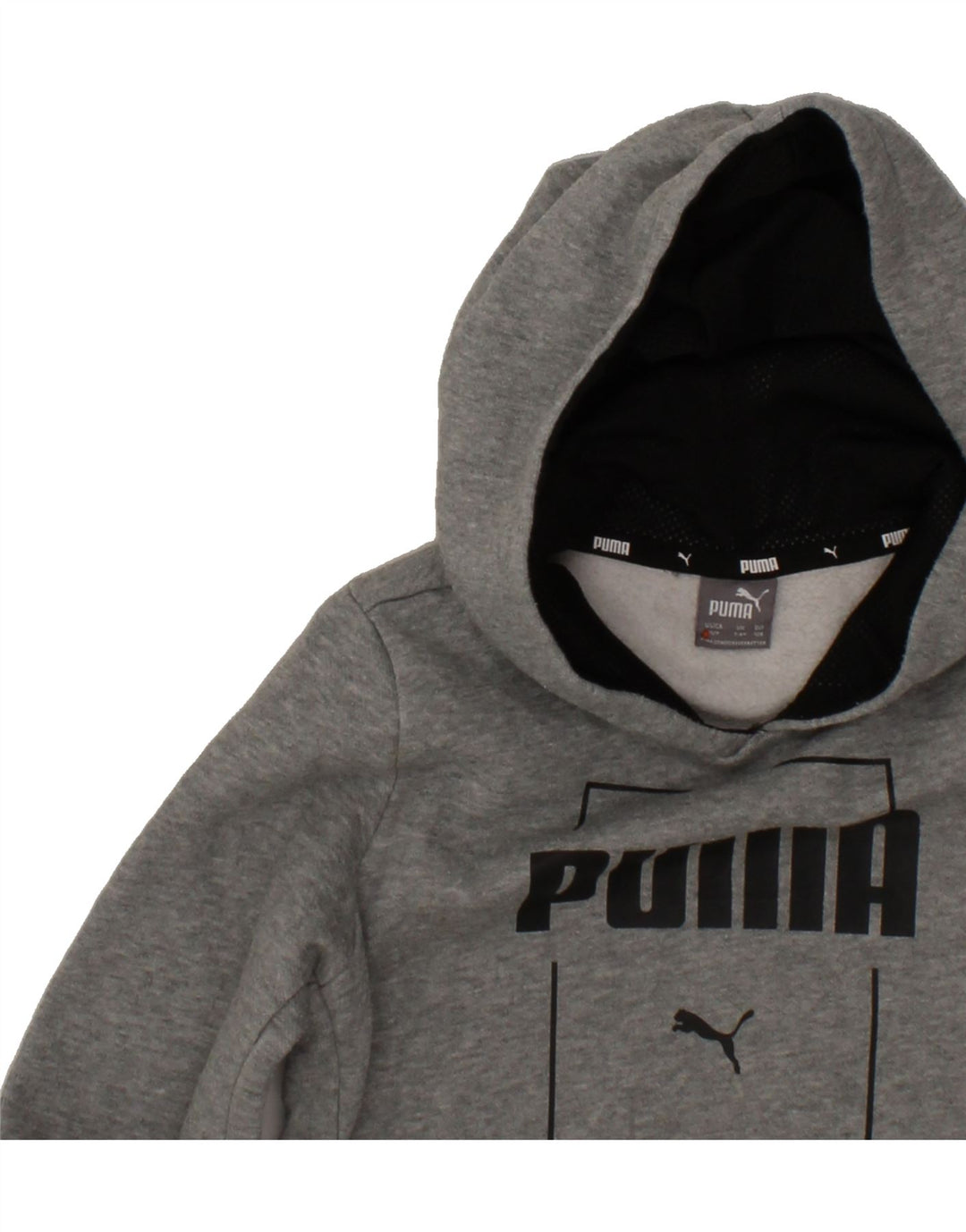 PUMA Boys Graphic Hoodie Jumper 7-8 Years Grey Cotton Vintage Puma and Second-Hand Puma from Messina Hembry 