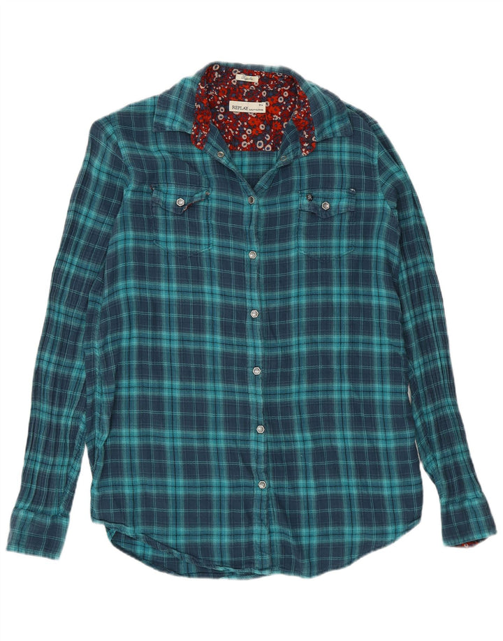 Camisa feminina de flanela regular Replay Reino Unido 10 algodão xadrez azul pequeno