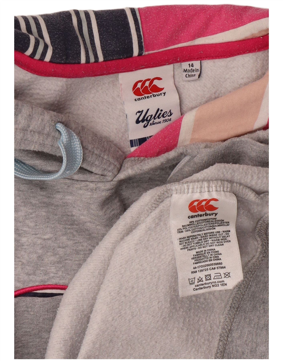 Suéter feminino com capuz gráfico CANTERBURY Reino Unido 14 grande algodão cinza