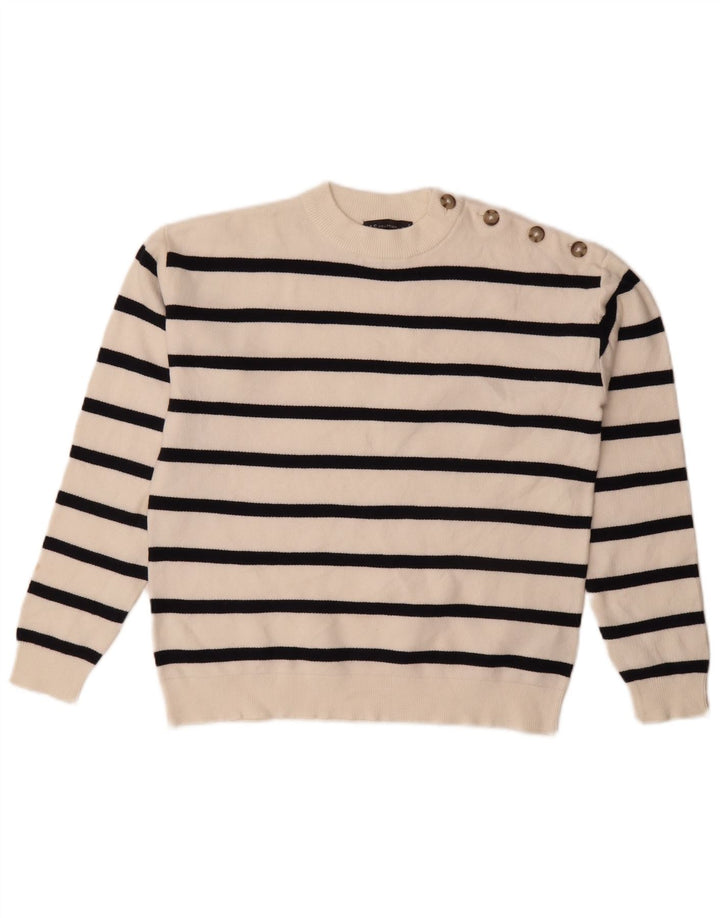 Suéter feminino Marks & Spencer com gola redonda, listrado branco pequeno, Reino Unido 10