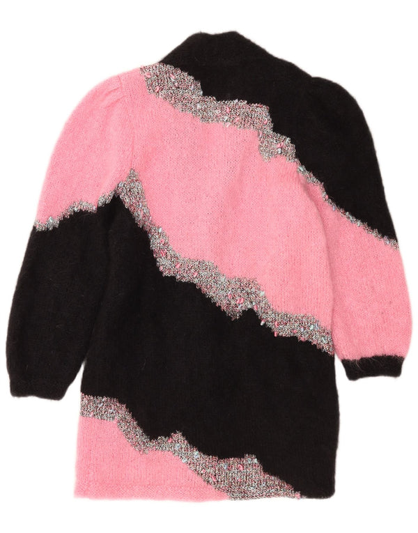 Suéter cardigã feminino vintage com palangre UK 14 bloco colorido rosa médio