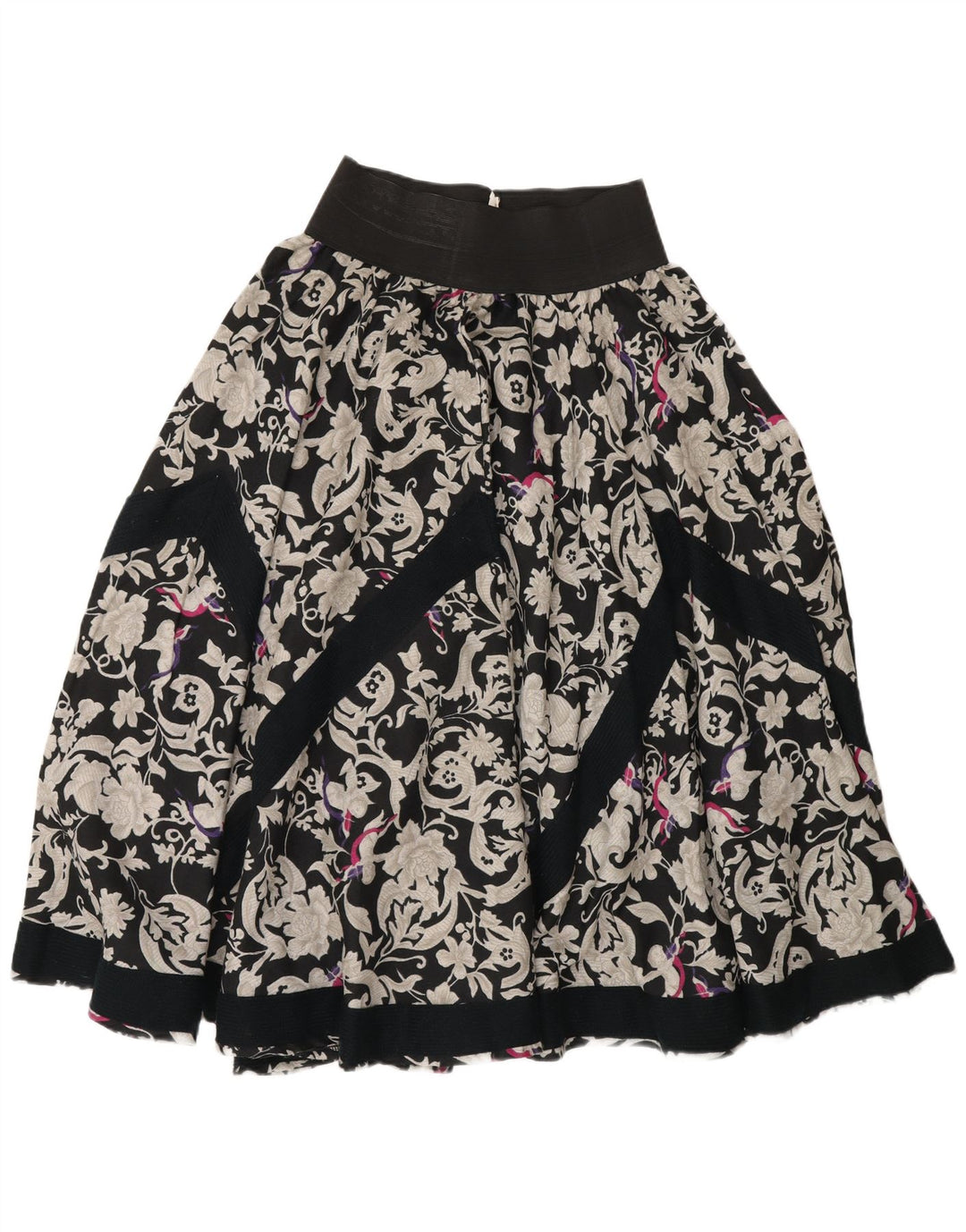 Saia larga feminina vintage média W26 viscose floral preta