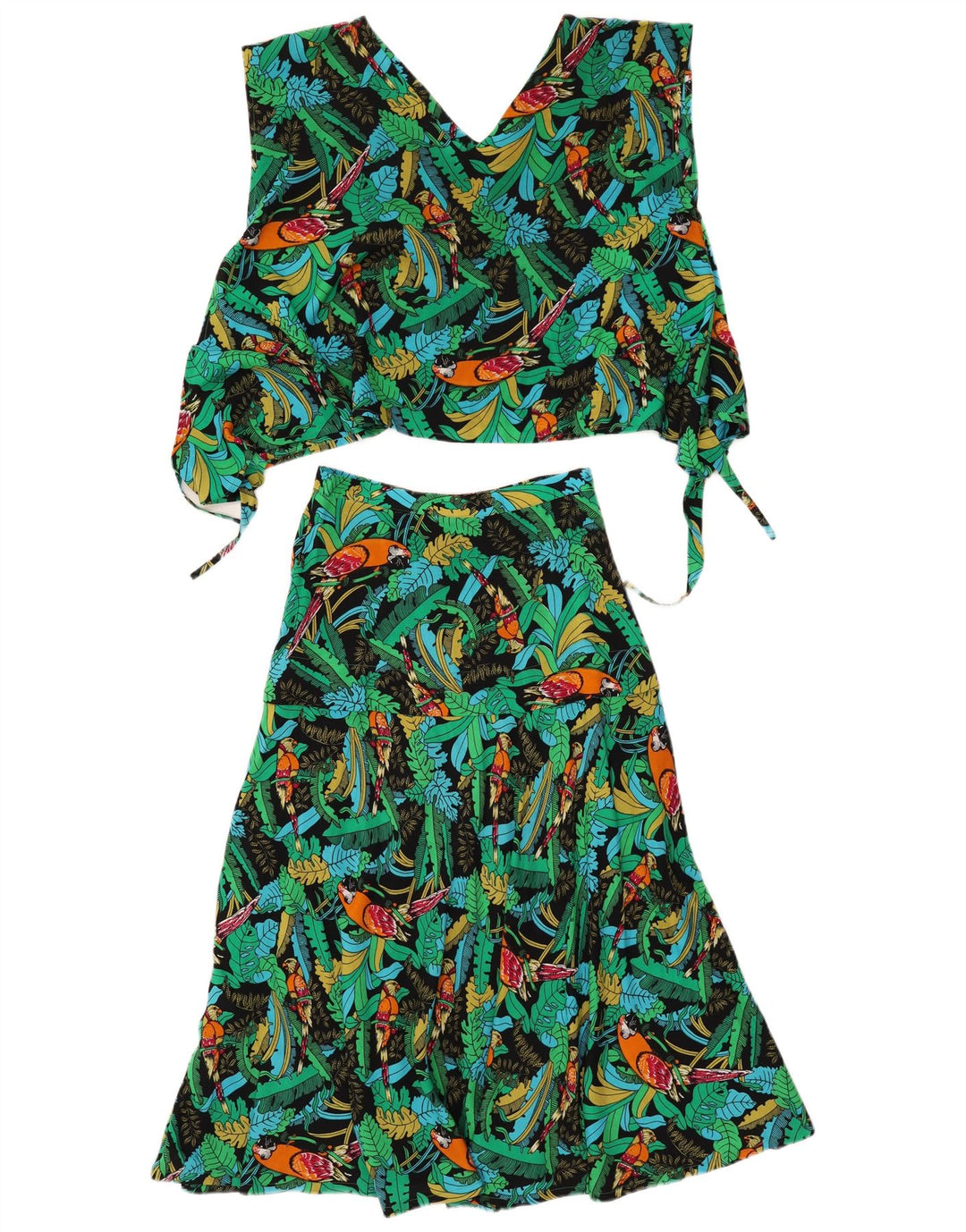 Conjunto de saia feminina vintage de 2 peças médio W26 verde floral havaiano