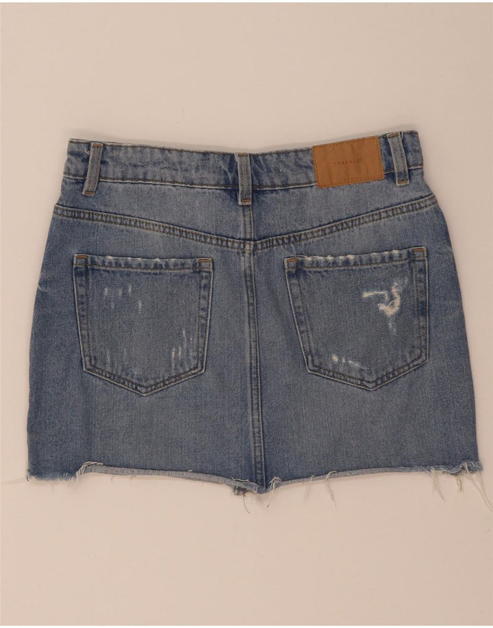 Zara Mini saia jeans feminina desgastada pequena W26 azul