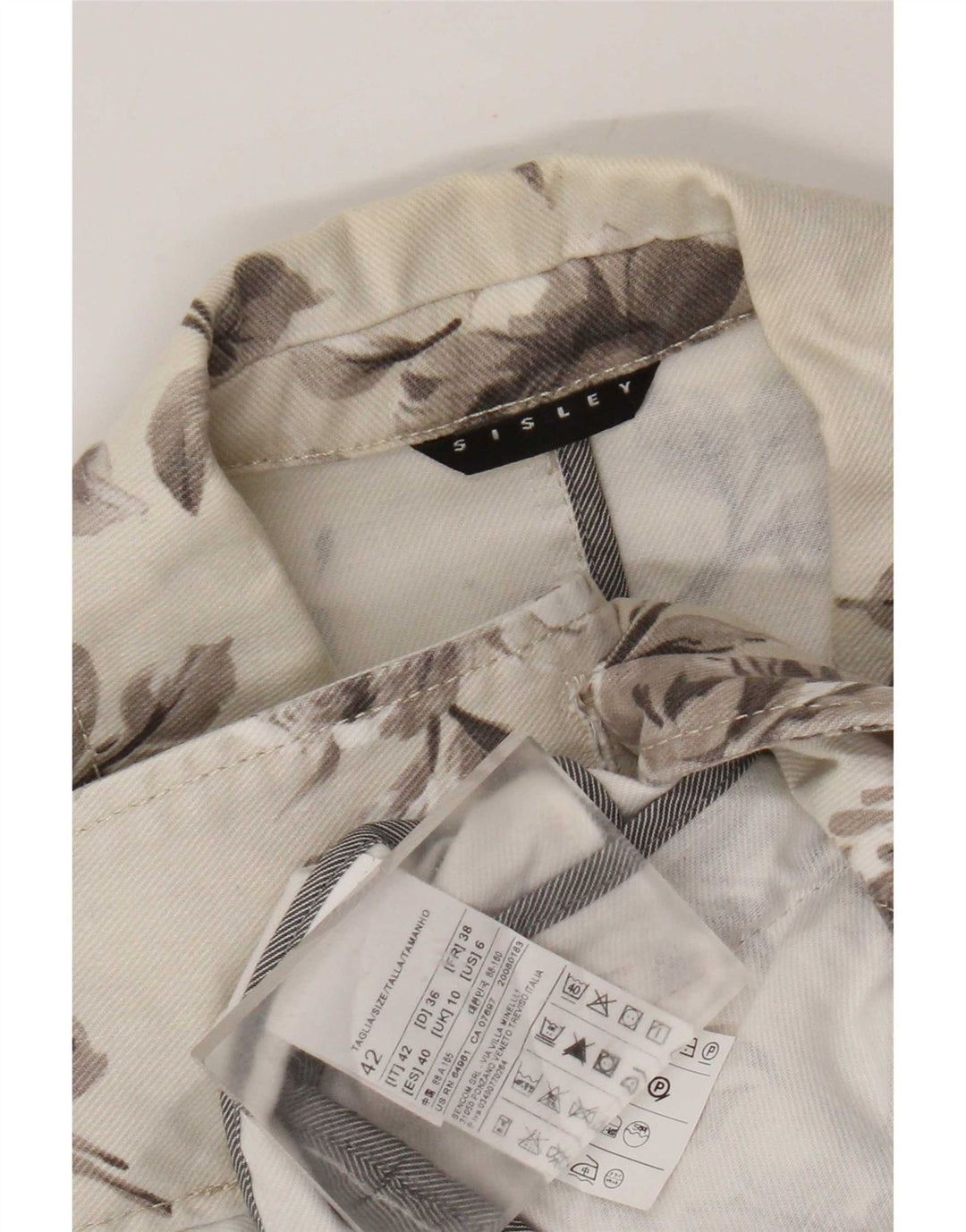 Jaqueta blazer jeans Sisley feminina com 2 botões Reino Unido 10 pequeno off white floral