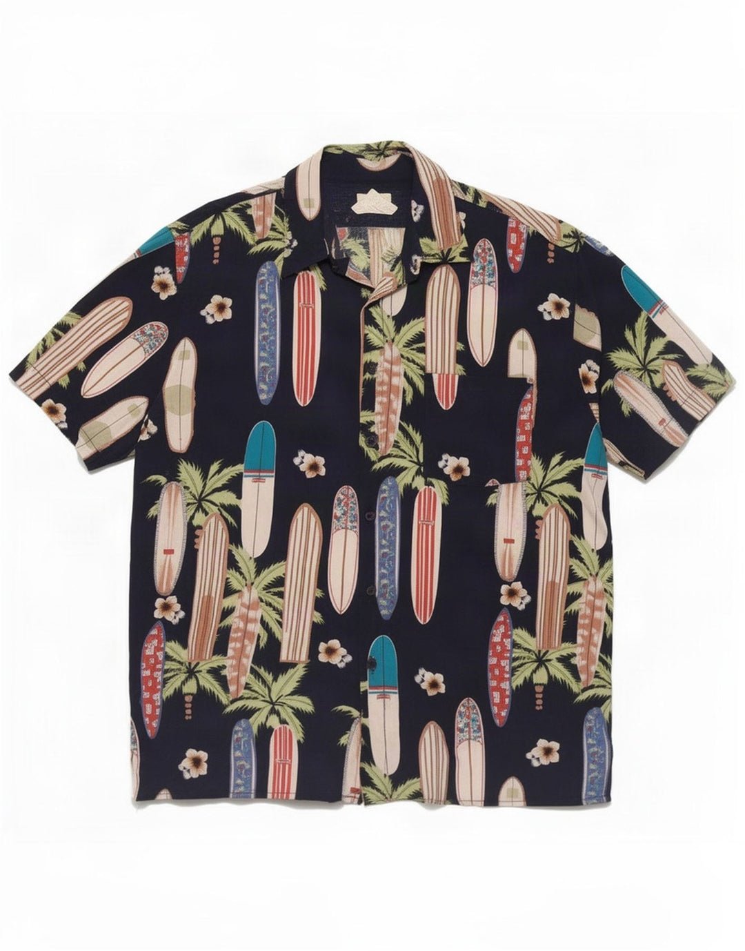 Camisa masculina vintage abstrata de manga curta grande rayon azul marinho