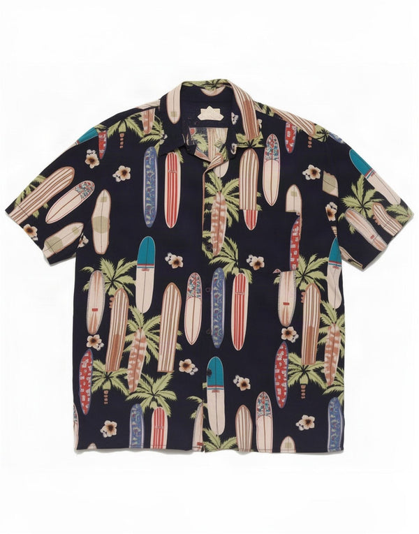 Camisa masculina vintage abstrata de manga curta grande rayon azul marinho