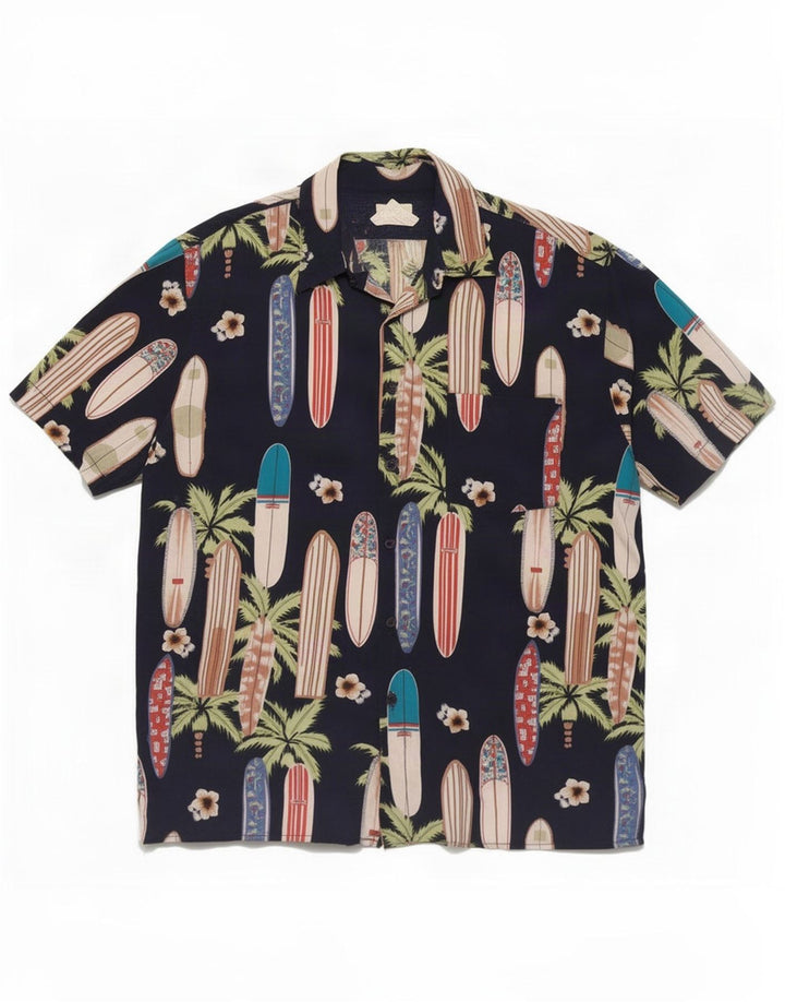 Camisa masculina vintage abstrata de manga curta grande rayon azul marinho