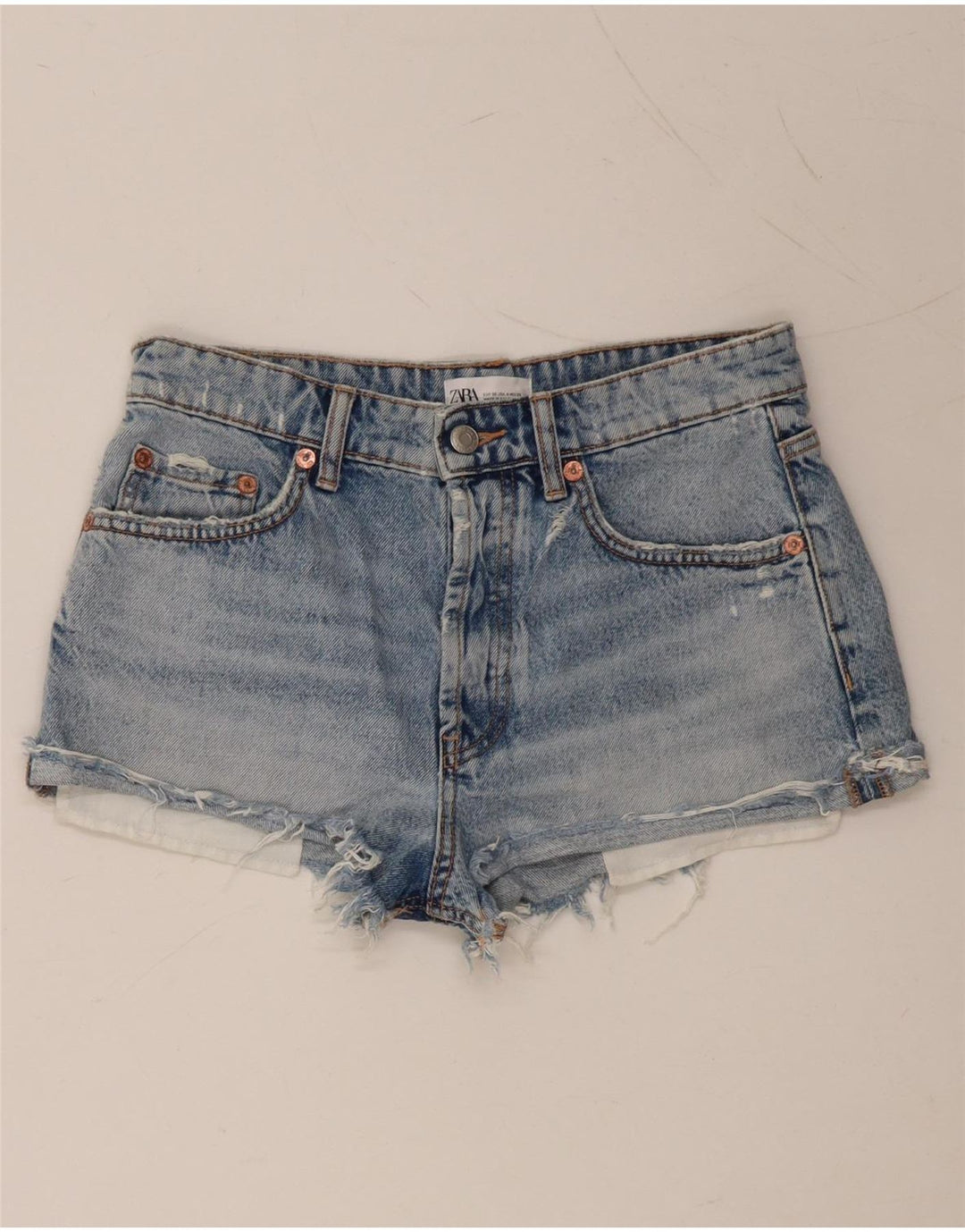 ZARA Shorts jeans feminino desgastado EU 36 XS W26 azul algodão