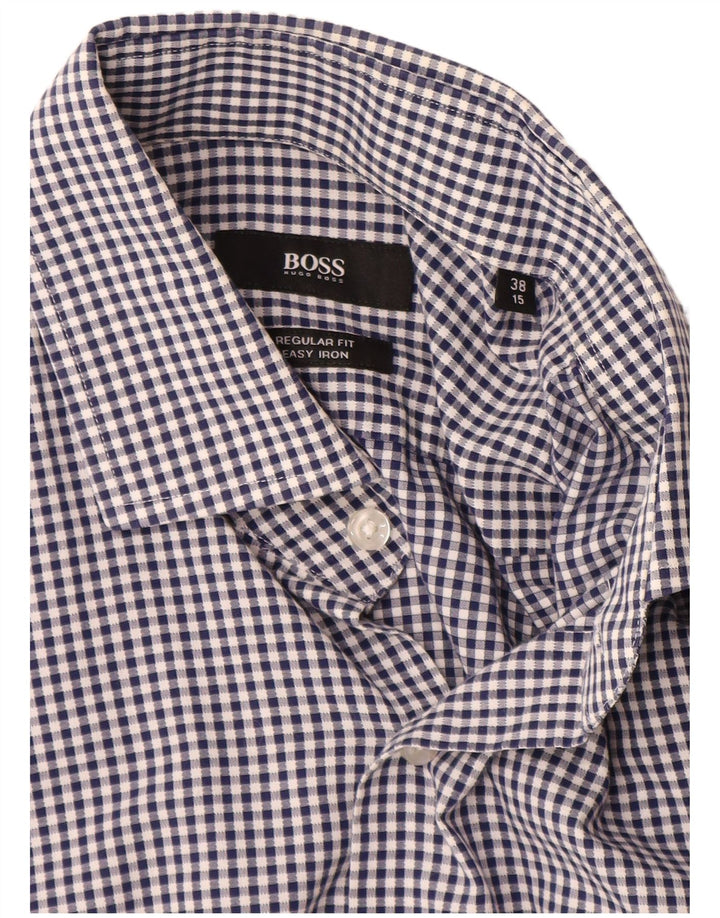 Camisa masculina de ajuste regular Hugo Boss tamanho 38 15 algodão guingão azul marinho médio
