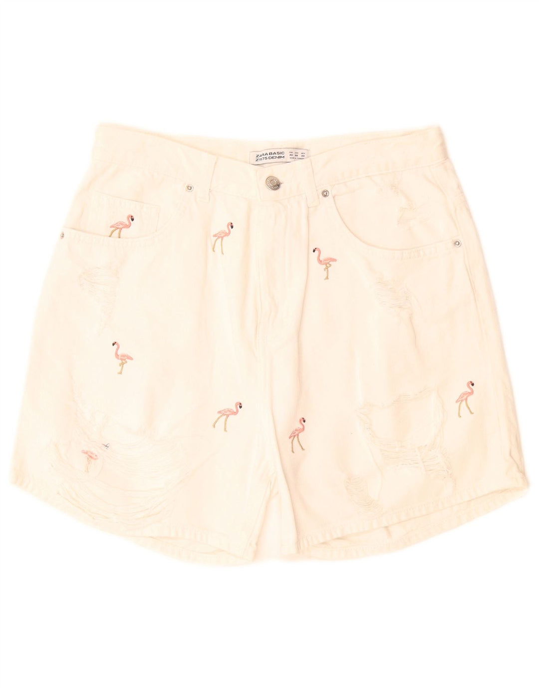 Zara Shorts jeans feminino com padrão abstrato UE 40 médio W28 branco