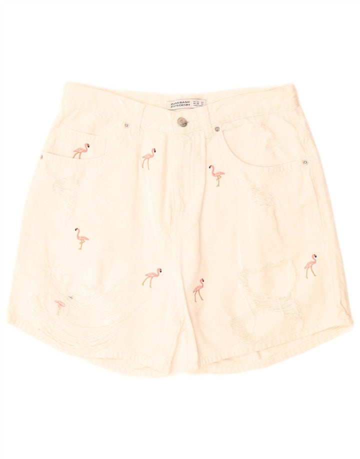 Zara Shorts jeans feminino com padrão abstrato UE 40 médio W28 branco