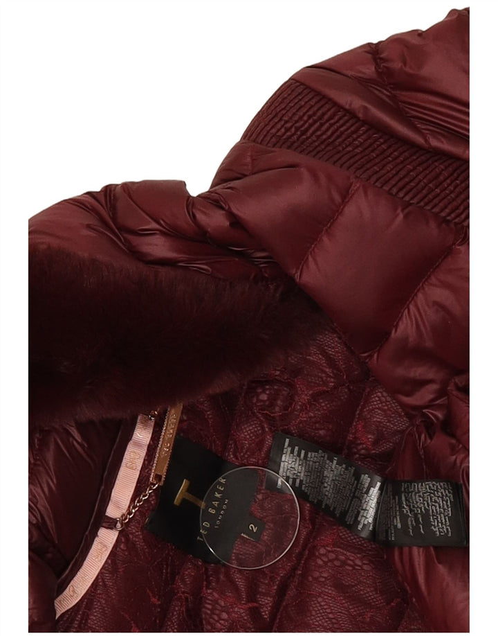 Casaco acolchoado com capuz feminino Ted Baker tamanho 2 pequeno poliamida borgonha