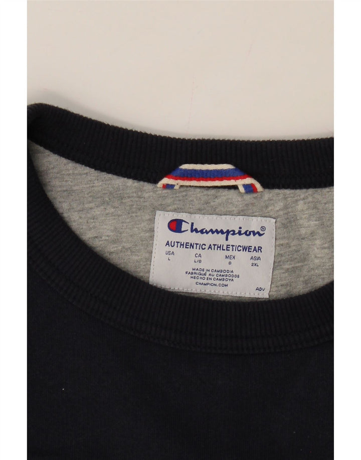CHAMPION Mens Graphic Sweatshirt Jumper Large Navy Blue Cotton Vintage Champion and Second-Hand Champion from Messina Hembry 