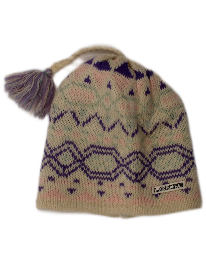 Gorro feminino vintage, tamanho único, branco, lã Fair Isle