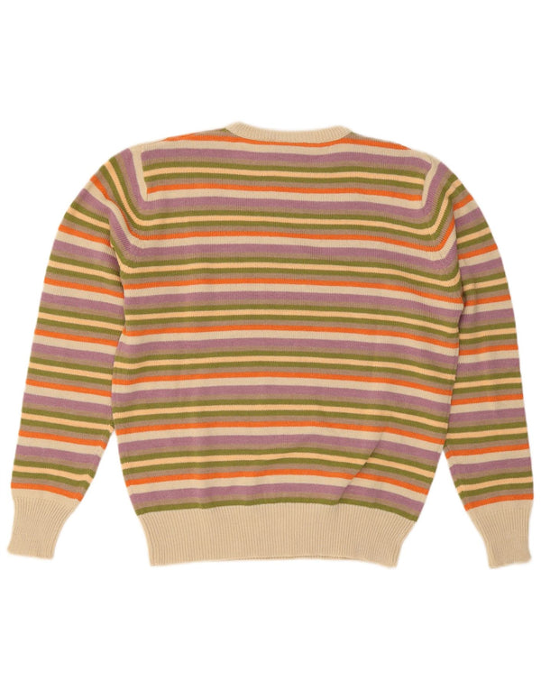 Suéter vintage masculino com gola redonda, grande acrílico listrado multicolorido