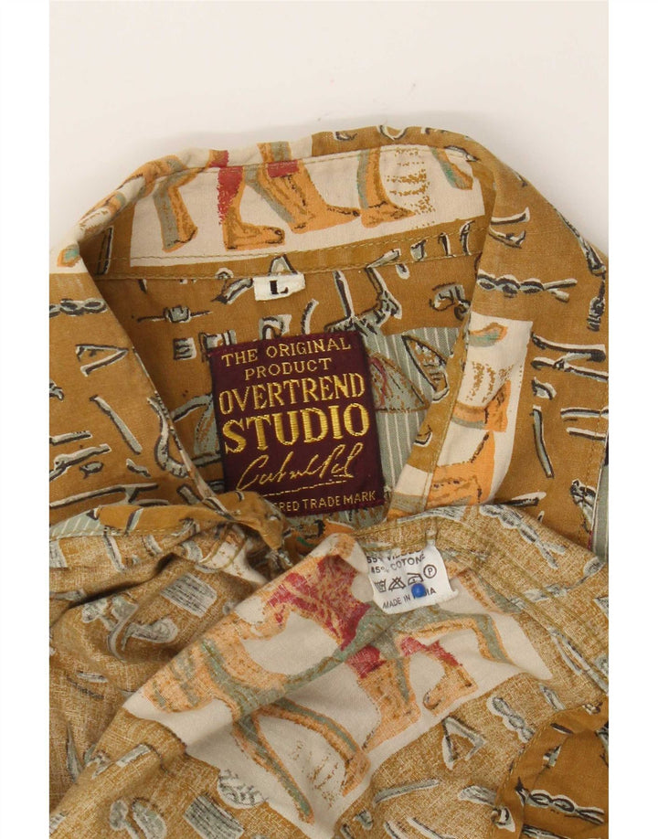 Camisa masculina vintage de manga curta grande cáqui patchwork viscose