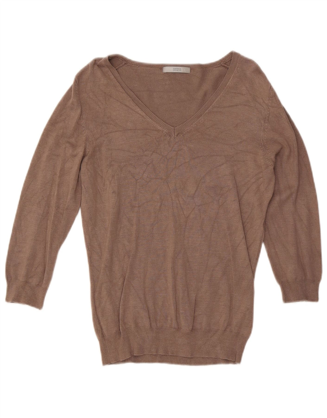 Suéter feminino Marks & Spencer com decote em V Reino Unido 12 viscose marrom médio