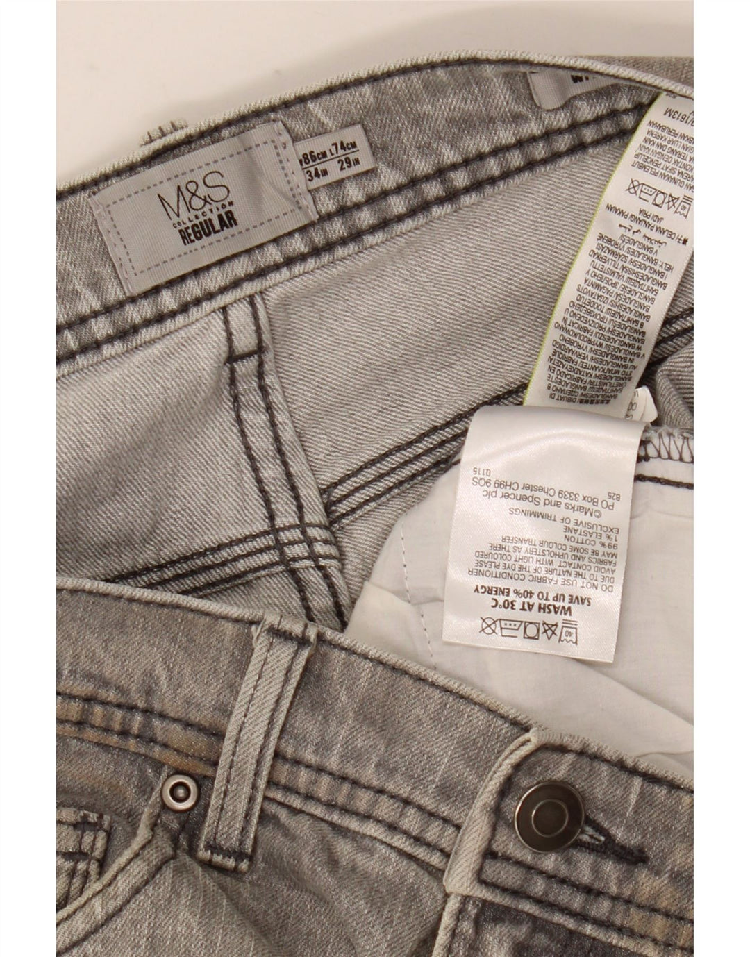 Calça jeans reta regular masculina Marks & Spencer W34 L29 algodão cinza