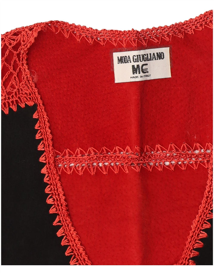 Colete feminino vintage de camurça UK 14 médio vermelho geométrico
