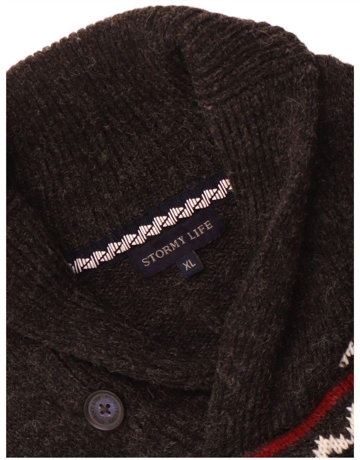 Suéter masculino vintage com gola xale cinza médio Fair Isle