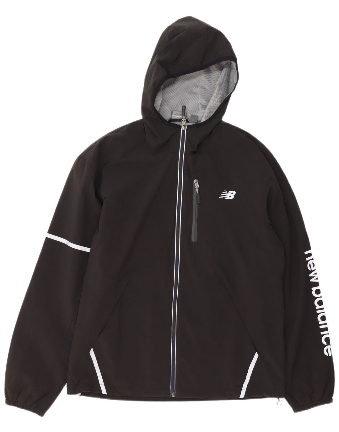 Jaqueta masculina com capuz gráfico New Balance poliéster preto médio