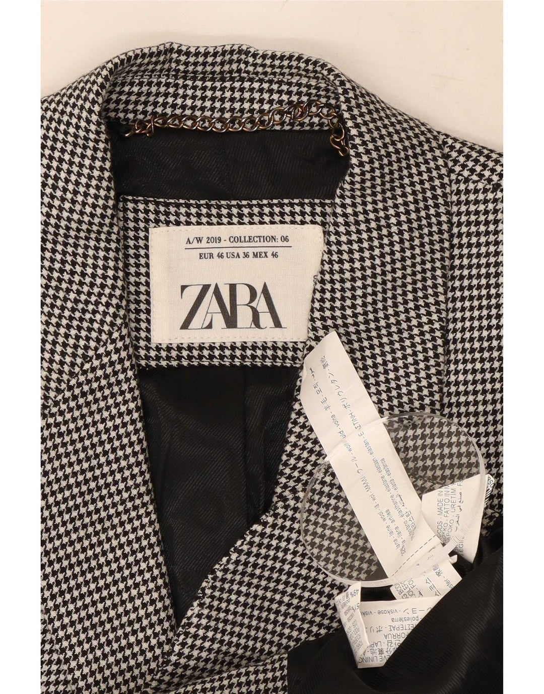 Zara Jaqueta blazer masculina de 2 botões EU 46 Lã Houndstooth pequena preta