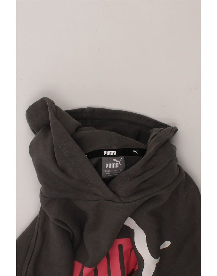 PUMA Girls Oversized Crop Graphic Hoodie Jumper 9-10 Years Grey Cotton Vintage Puma and Second-Hand Puma from Messina Hembry 