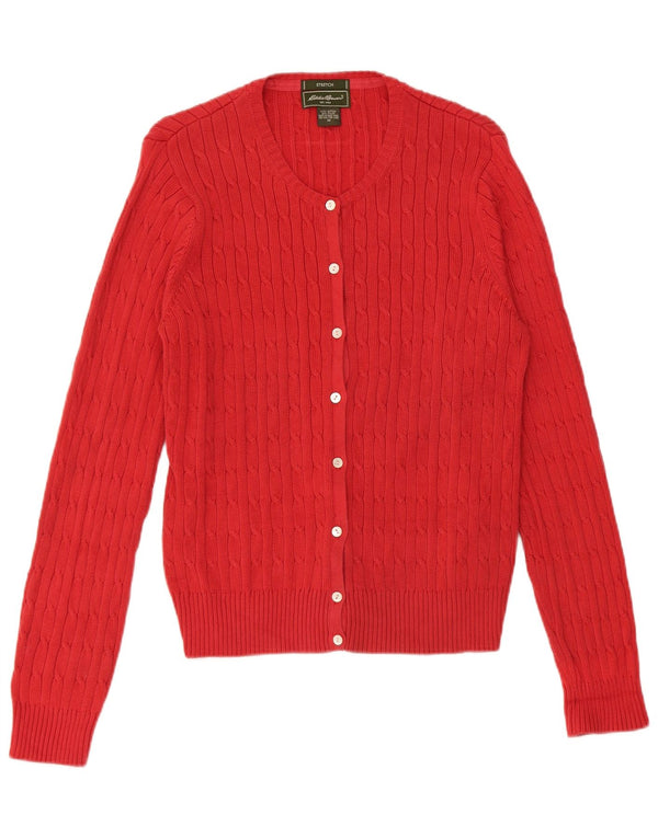 Suéter cardigã feminino Eddie Bauer elástico Reino Unido 14 algodão vermelho médio