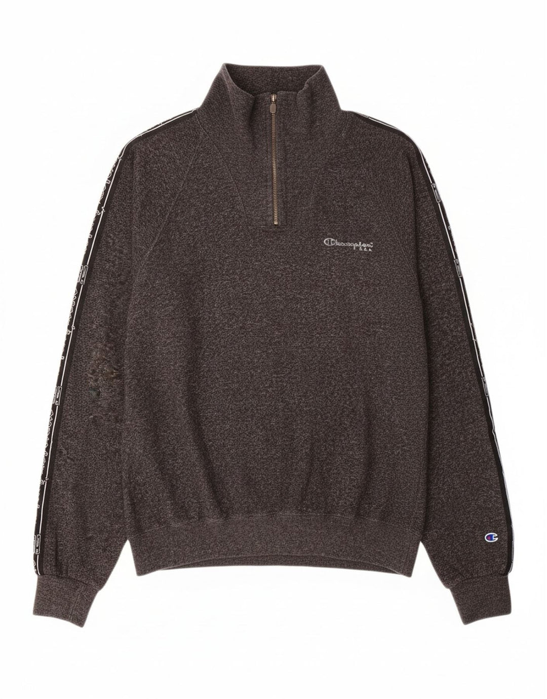 CHAMPION Suéter masculino gráfico com gola com zíper e bloco colorido cinza médio