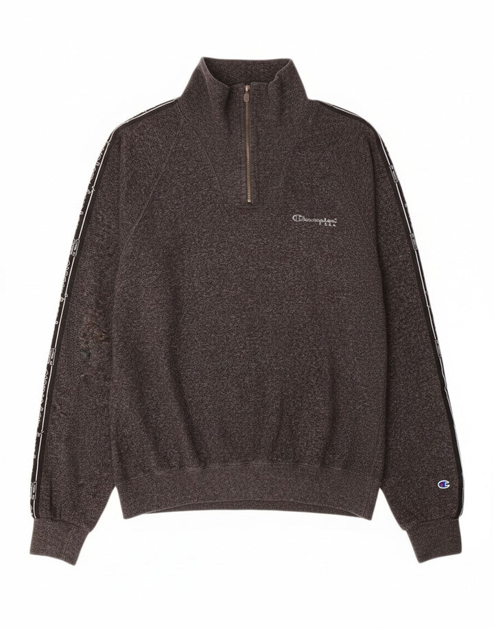 CHAMPION Suéter masculino gráfico com gola com zíper e bloco colorido cinza médio