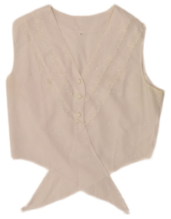 Blusa feminina vintage com gravata frontal e manga curta UK 12 floral branco médio