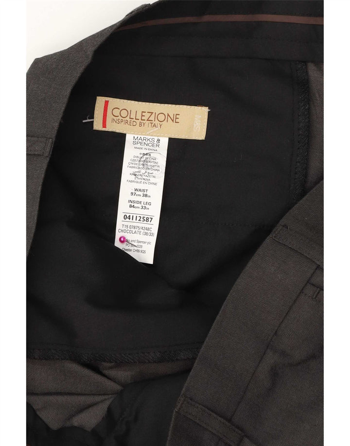 Calça masculina de terno reto Marks & Spencer W38 L33 poliéster marrom