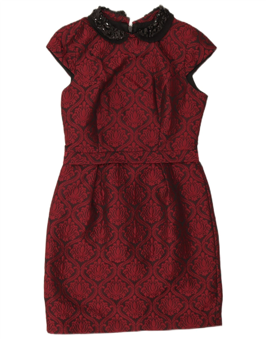 Vestido bainha feminino Warehouse Reino Unido 10 pequeno poliéster Borgonha Paisley