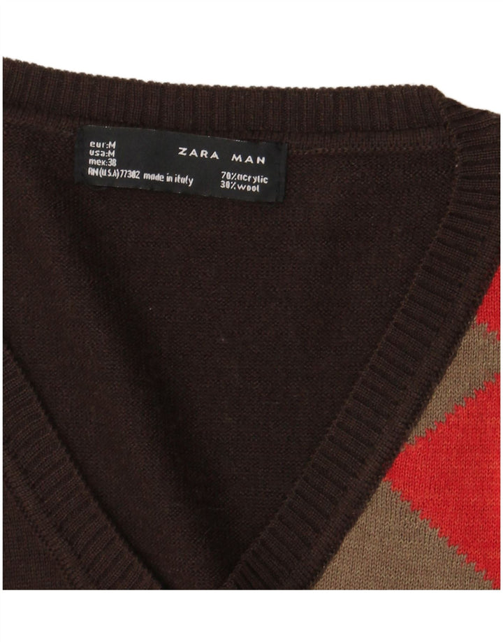 Suéter masculino Zara com decote em V, marrom médio, Argyle/Diamante