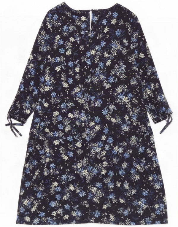 M&Co Vestido feminino manga 3/4 linha A UK 12 Viscose floral azul marinho médio