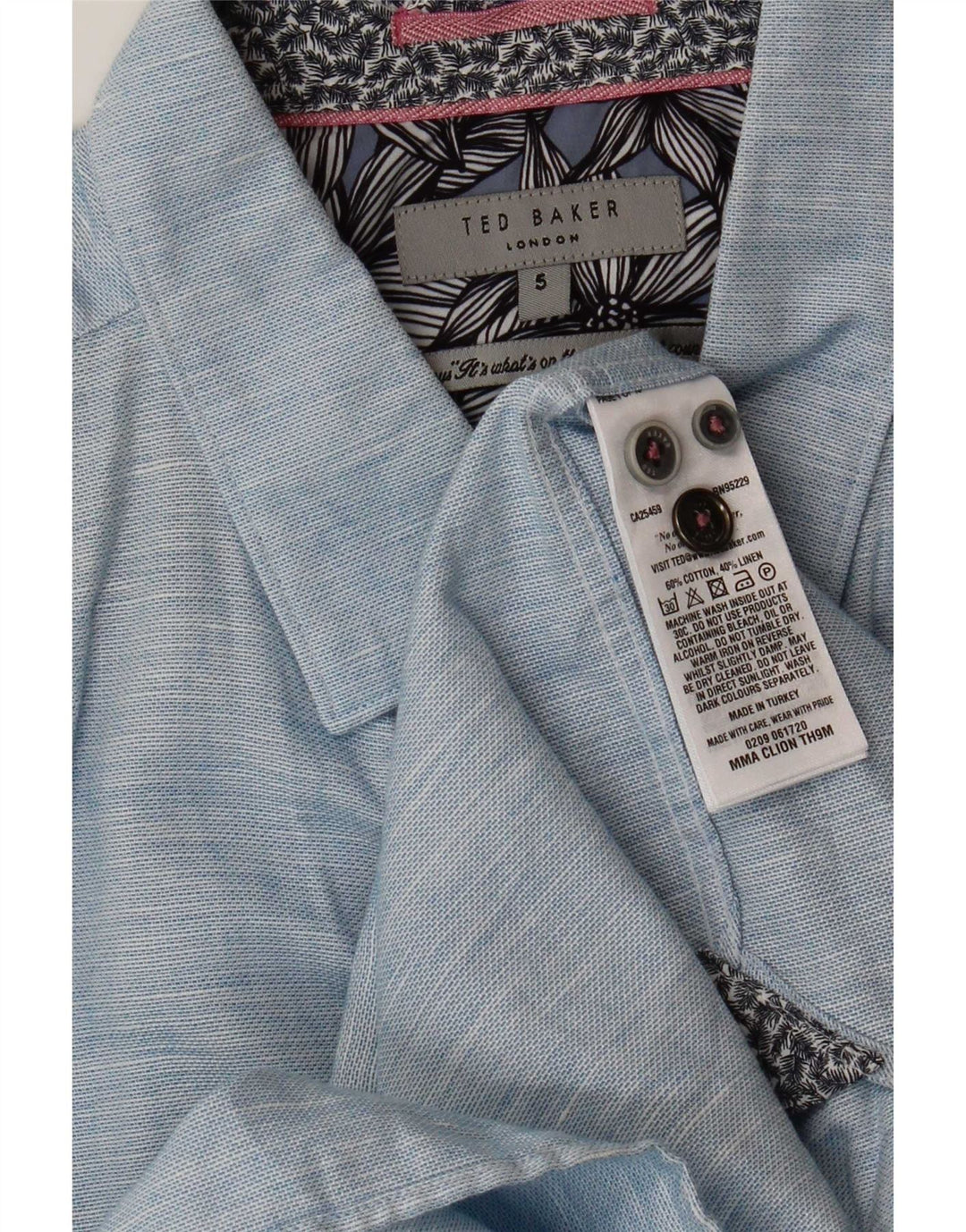 Camisa masculina de manga curta Ted Baker tamanho 5 XL algodão manchado azul
