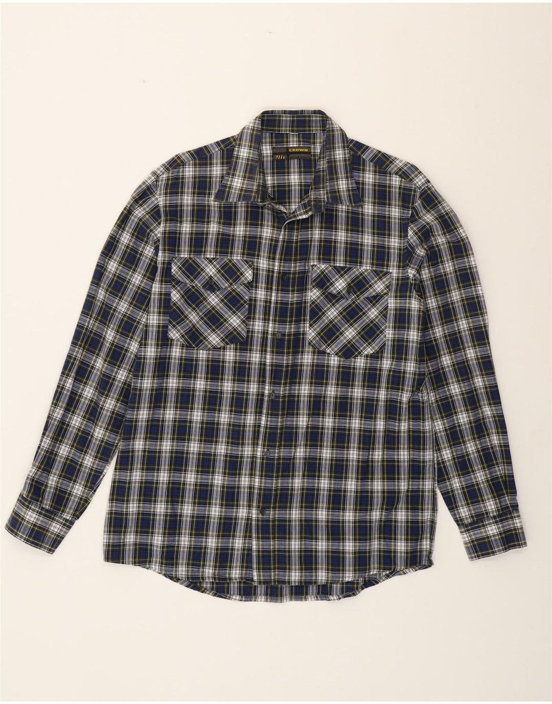 Camisa masculina de flanela CROWN tamanho 42 grande algodão xadrez azul marinho