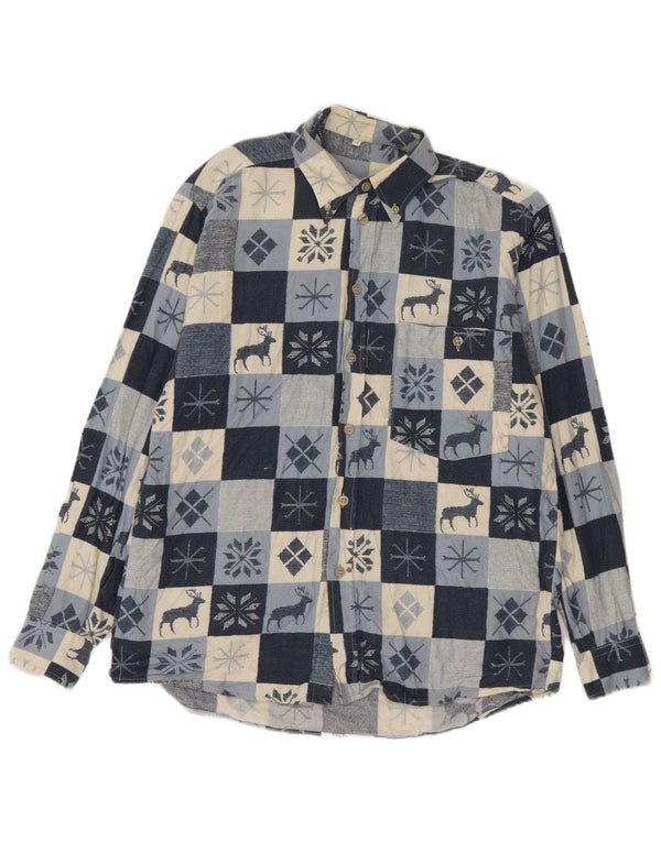 Camisa masculina vintage de flanela média azul marinho Fair Isle
