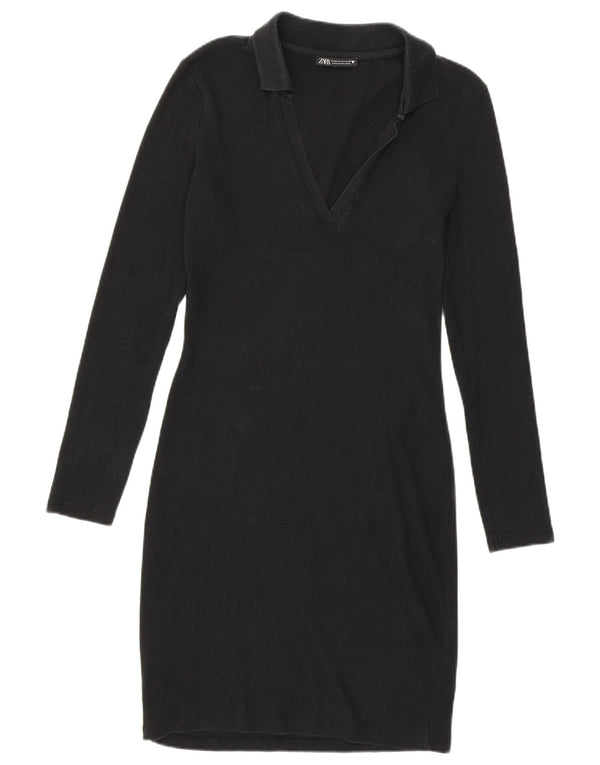 Vestido bodycon feminino de manga comprida Zara Reino Unido 12 algodão preto médio